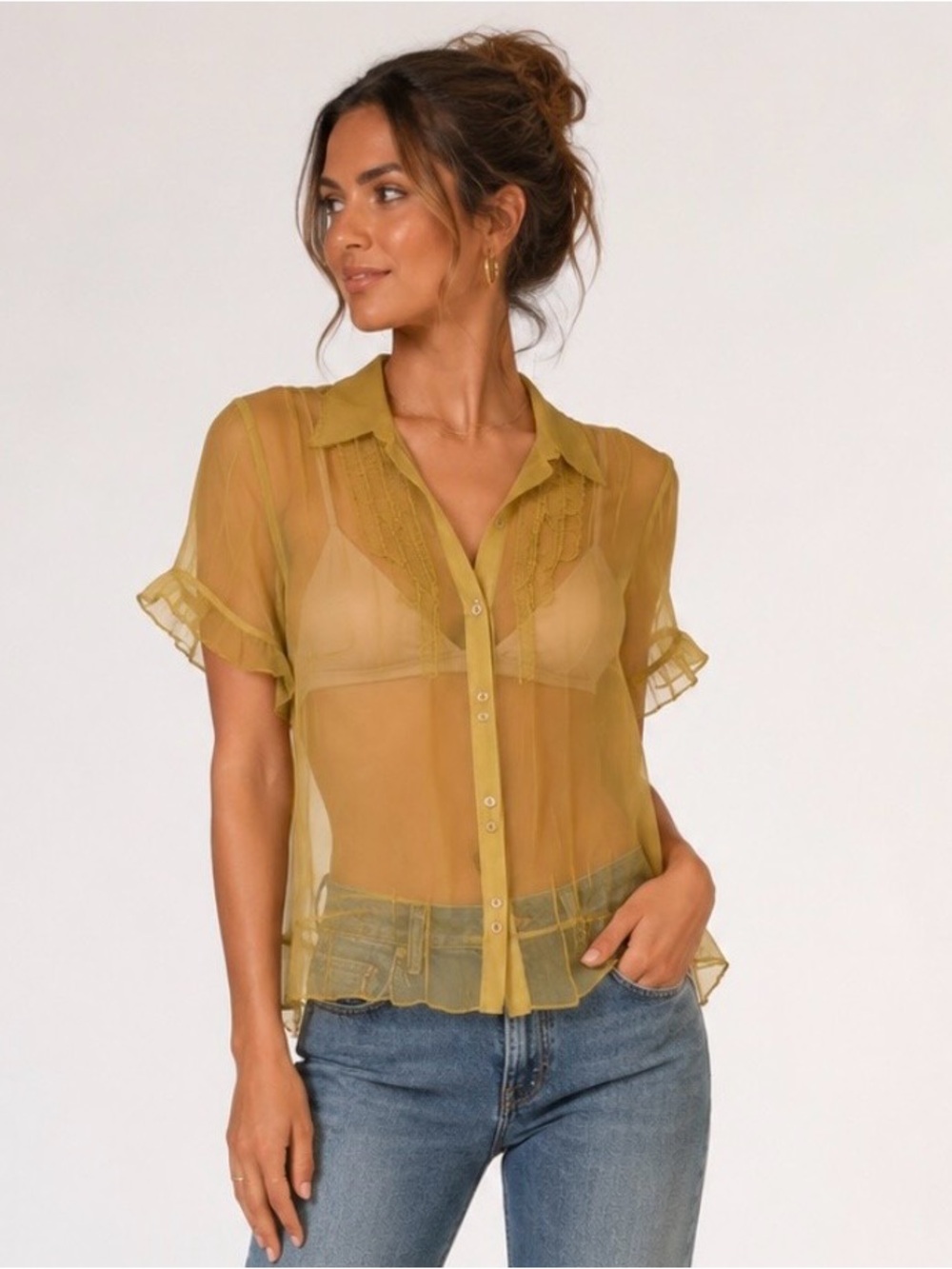 VTG Banana Republic Sheer Lace Trim Pleated Hem Cottagecore Blouse Yellow M